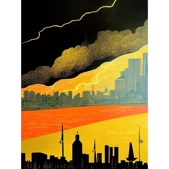 Modern Black Yellow Orange Linocut London Skyline Cityscape Storm Lightning Large Wall Art Poster Print Thick Paper 18X24 Inch