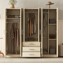 6-Doors Wooden Wardrobe for Bedroom, Freestanding Clothing Storage Cabinet with 3 Big Drawers, Modern Large Wood Closets with Hanging Rod,  Brown