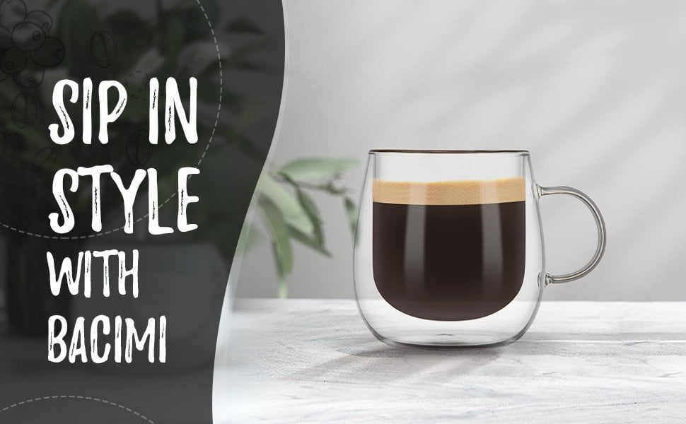 Bacimi Double Wall Borosilicate Clear Glass Coffee Tea Cups 10oz / 290ml 2 Pack