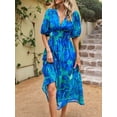 thumbnail image 6 of Womens Summer Dresses 2025 Casual Puff Short Sleeve V Neck Floral Boho Maxi Dress Blue S, 6 of 9