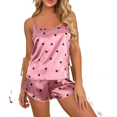 

Women s Pajama Sets Dusty Pink Elegant Heart Spaghetti Strap Short Sets Sleeveless