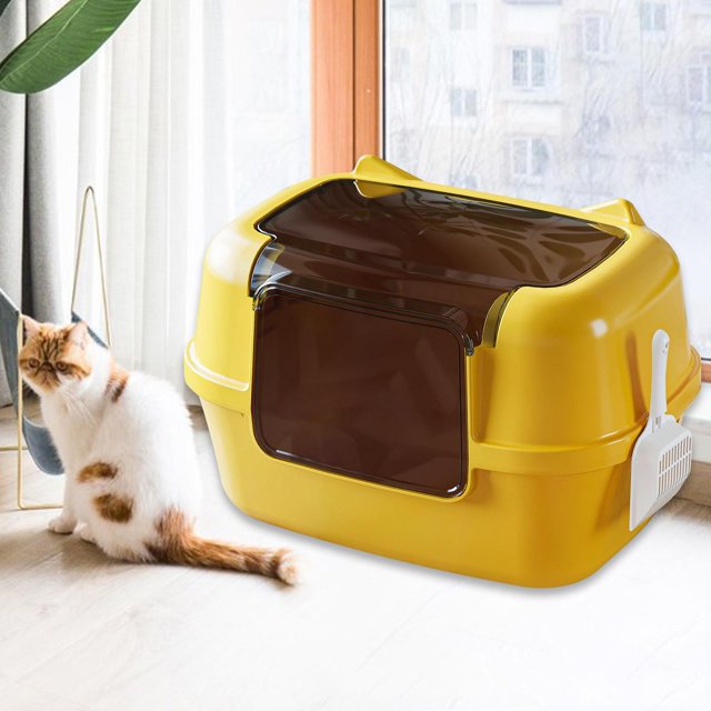 Caja de Gato Totalmente Cerrada Box con Capucha de Gato con Suministros a Prueba de Fugas de Tapa Bandeja para La Basura de La Basura para El Baño Dor Amarillo
