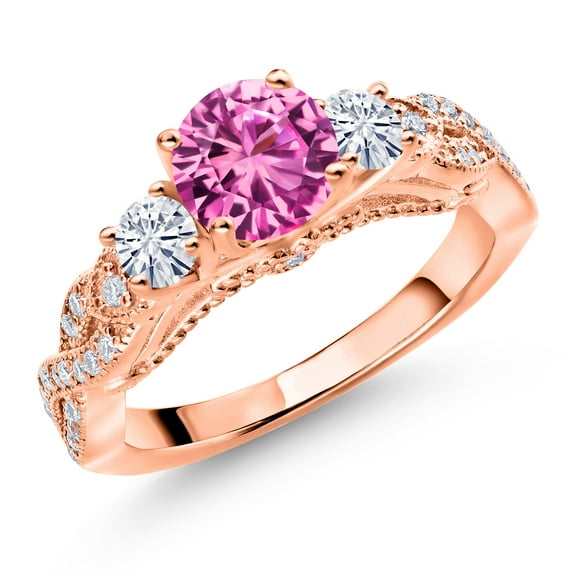 Gem Stone King 18K Rose Gold Plated Silver Pink Created Sapphire and White Moissanite Engagement Ring for Women (1.47 Cttw, Gemstone September Birthstone, Round 6MM and 3MM, Size 9)