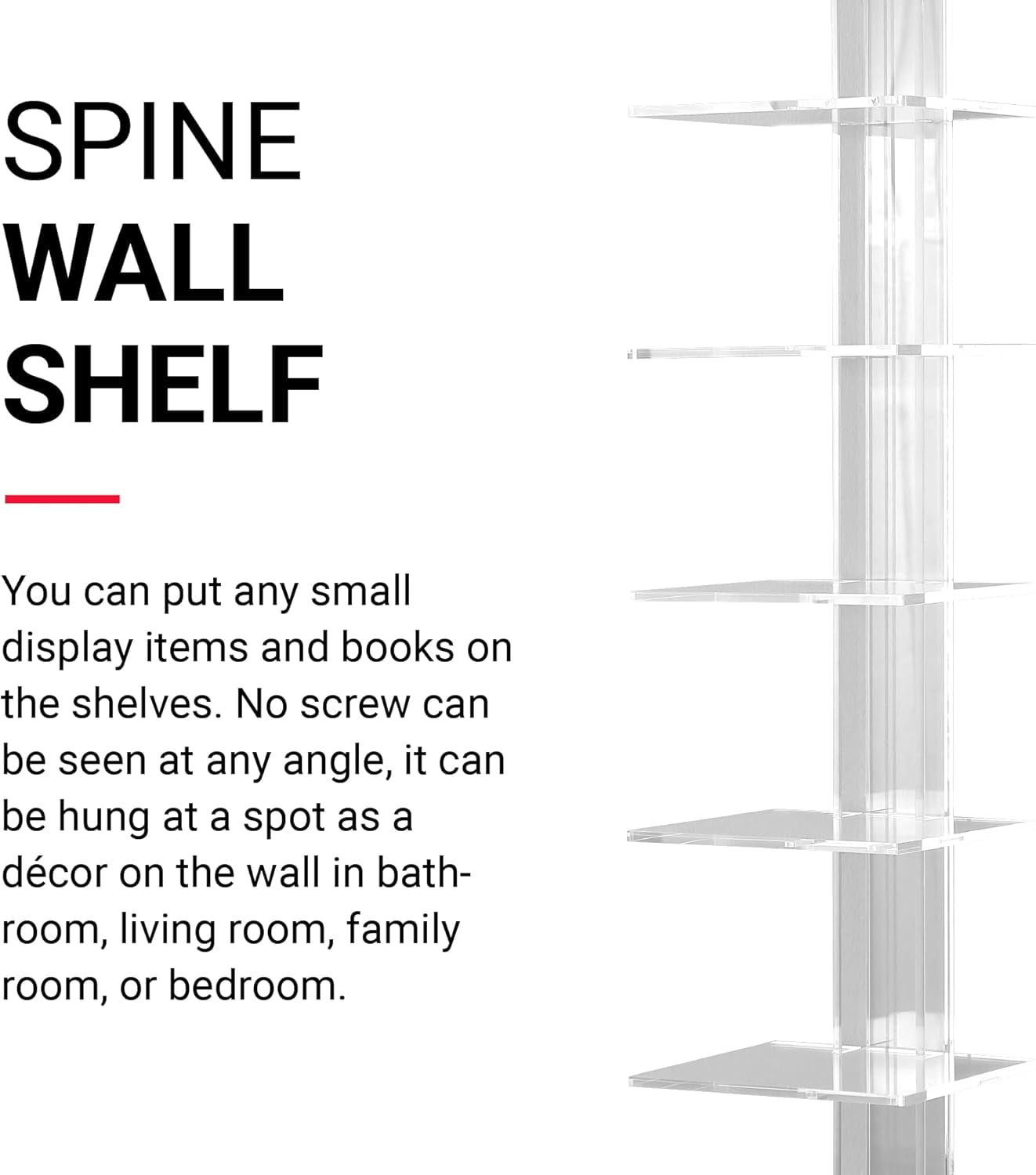 Proman Products Mounted Spine Bookshelf,Wall Mounted Shelves, Spine Book Tower Decor, 8" D x 9.5" W x 37" H, Clear Acrylic