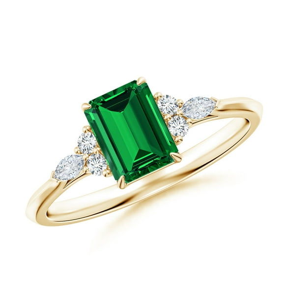 ANGARA Lab Grown 1 Ct Emerald Side Stone Engagement Ring with Diamonds for Women in 14K Yellow Gold (Size-7x5mm) | May Birthstone, Anniversary, Jewelry Gift for Women | Lab-Grown Emerald Ring