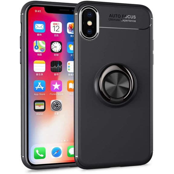 iPhone Xs Case,360 Degree Rotation Invisible Metal Ring Kickstand Protective Case Compatible Magnetic Car Mount Soft TPU Case Shockproof Anti-Scratch Ultra-Slim Cover,Black