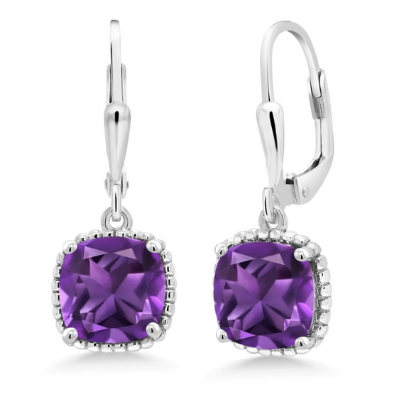 Gem Stone King 925 Sterling Silver Purple Amethyst Dangling Earrings for Women (4.10 Cttw, Gemstone Birthstone Cushion Cut 8MM)