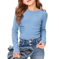 thumbnail image 2 of Long Sleeve Shirts for Girls Crewneck Slim Fit Tops Ribbed Shirt Casual Base Layer Tops Light Blue 160, 2 of 4