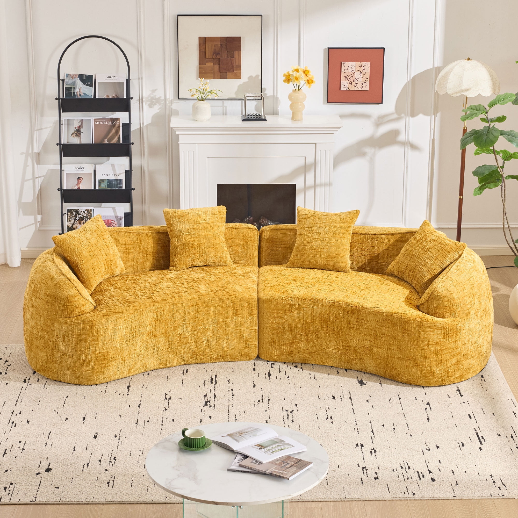 Curved Sofa, Yellow Compressed Chenille Sectional with Soft Fabric and Foam Spring Support, Modern 109-Inch Multi-Seater for Apartment Living Room