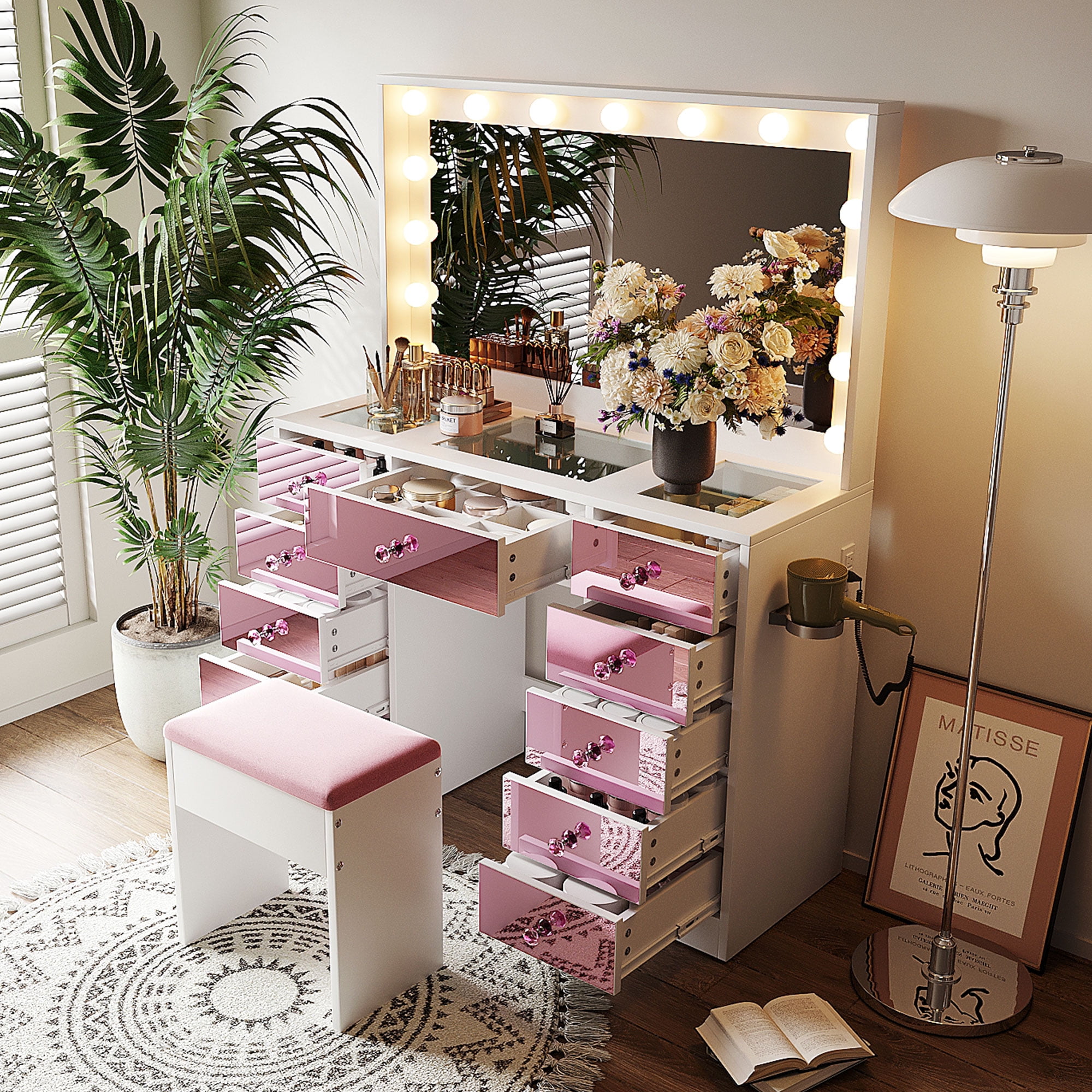 Makeup Vanity, Vanity Desk with Lights, Hollywood Vanity with 15 LED Bulbs 3 Color Modes Adjustable Brightness Pink Glass Top Dressing Table 11 Drawers Includes Cushioned Stool, Pink