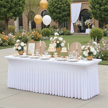 White Spandex Table Clothes for 8 Foot Rectangle Tables, Wrinkle Free Fitted Tablecloths Desk Skirt Stretchy Table Cloth Cover 8ft for Parties Weddings Birthday Banquet Baby Shower