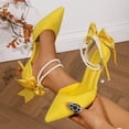 thumbnail image 4 of SCHUHLAND Women's Yellow Stiletto Pumps with Pearl Ankle Strap, Pointed Toe, Bowtie, 8.5cm Thin High Heels for Dress/Wedding, 4 of 16