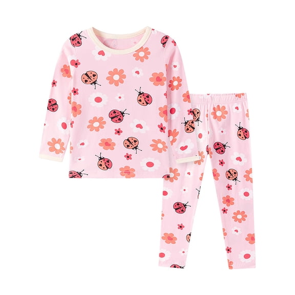 WIBACKER 2-7 Years Toddler and Little Girls' Long Sleeve Pajamas Set Cotton Top and Pants 2 Piece Sleepwear Pjs - Ladybug