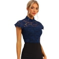 thumbnail image 1 of Blusa Semitransparente Con Cuello Alto Y Manga Corta Con Abertura En La Espalda Y Encaje Para Mujer Azul Marino S, 1 of 6