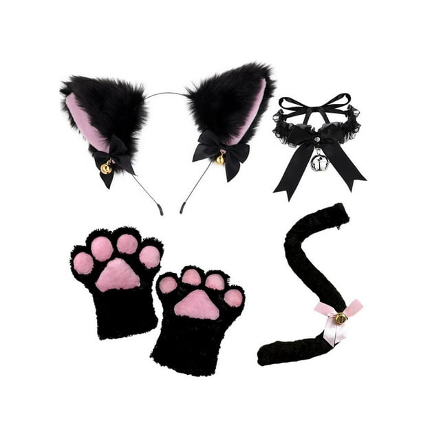 Conjunto de orejas, cola y patas de gato con orejas de animales y cola larga para presentaciones en el escenario. Negro con corbata