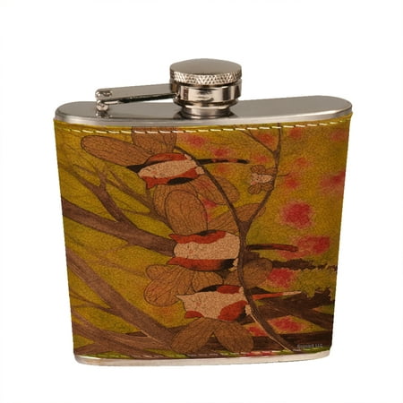

KuzmarK 6 oz. Leather Pocket Hip Liquor Flask - Calico Kitty and White Mouse Fairies with Redbud Trees Cat Art by Denise Every