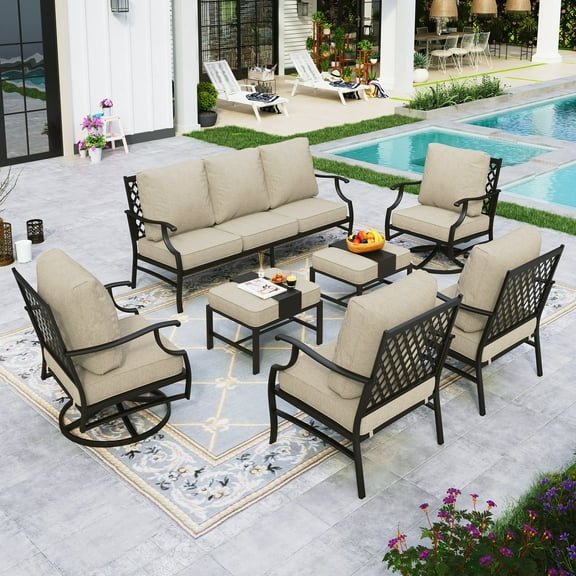 Sophia&William 9 Seat Outdoor Patio Furniture Set Outdoor Conversation Set Outside Sofa with 4 Chairs & 2 Ottomans for Deck, Lawn, Backyard, Beige