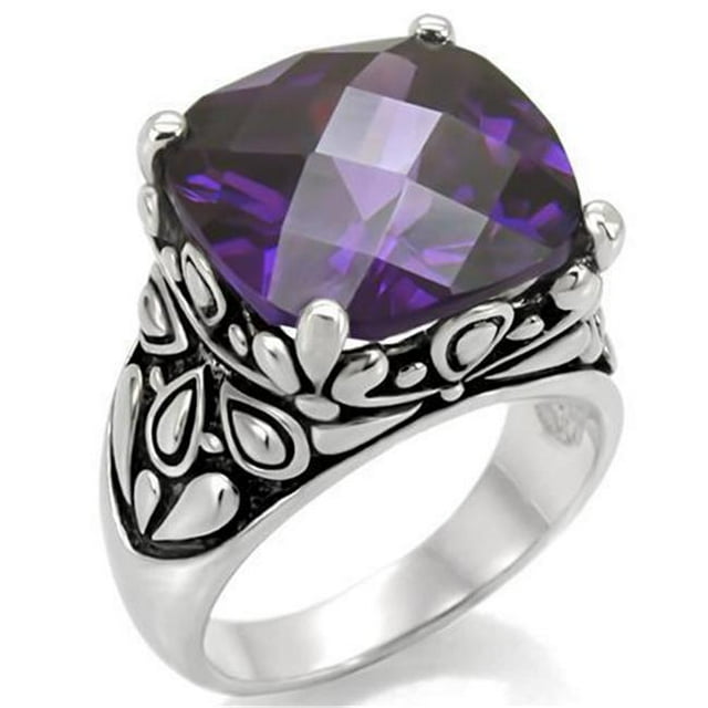 Alamode TK016-7 Bague en Acier Inoxydable Poli pour Femmes avec CZ de Qualité AAA en Améthyste - Taille 7