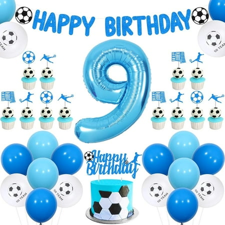 9th Football Birthday Decorations Blue and White for Boys, Soccer Happy 9th Birthday Banner Cake Topper Set, Go Team Number 9 Foil Balloons, Football Fans Ninth Birthday Party Supplies