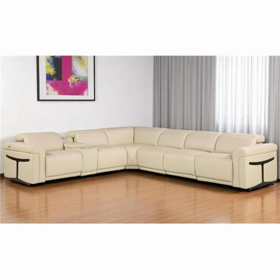 HomeRoots 534849 Beige Italian Leather Modular L Shaped 7 Piece Corner Sectional with Console