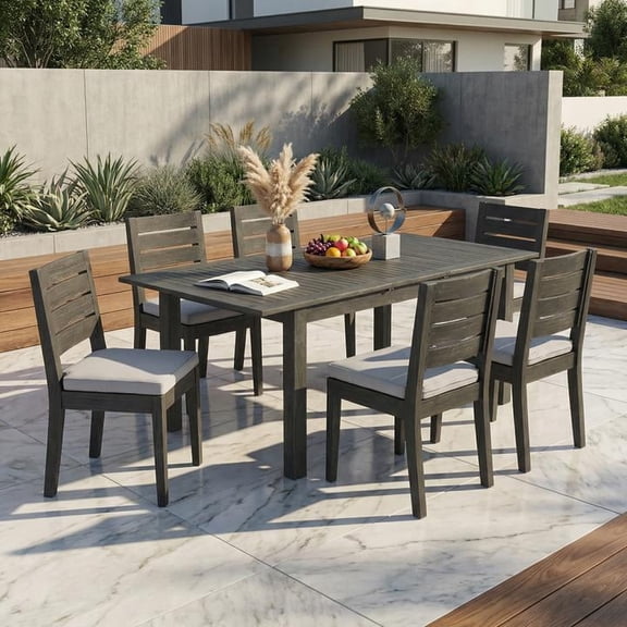 FFZ 7-Piece Extendable Acacia Wood Outdoor Dining Set with 6 Water-Repellent Chairs, DARK GREY