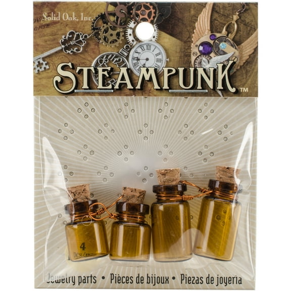 Steampunk Amber Glass Bottle Jewelry Charm Set, 4 Pieces