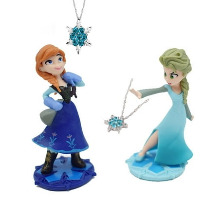 Frozen Elsa and Anna Action Figure Dolls And Crystal Snowflake Necklace, F2AF