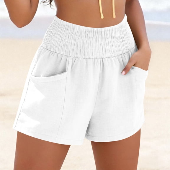 Aobny Shorts for Women Cotton Linen Board Beach Clothes Plus Size Casual Baggy High Waisted Comfy Shorts for Women,White,L