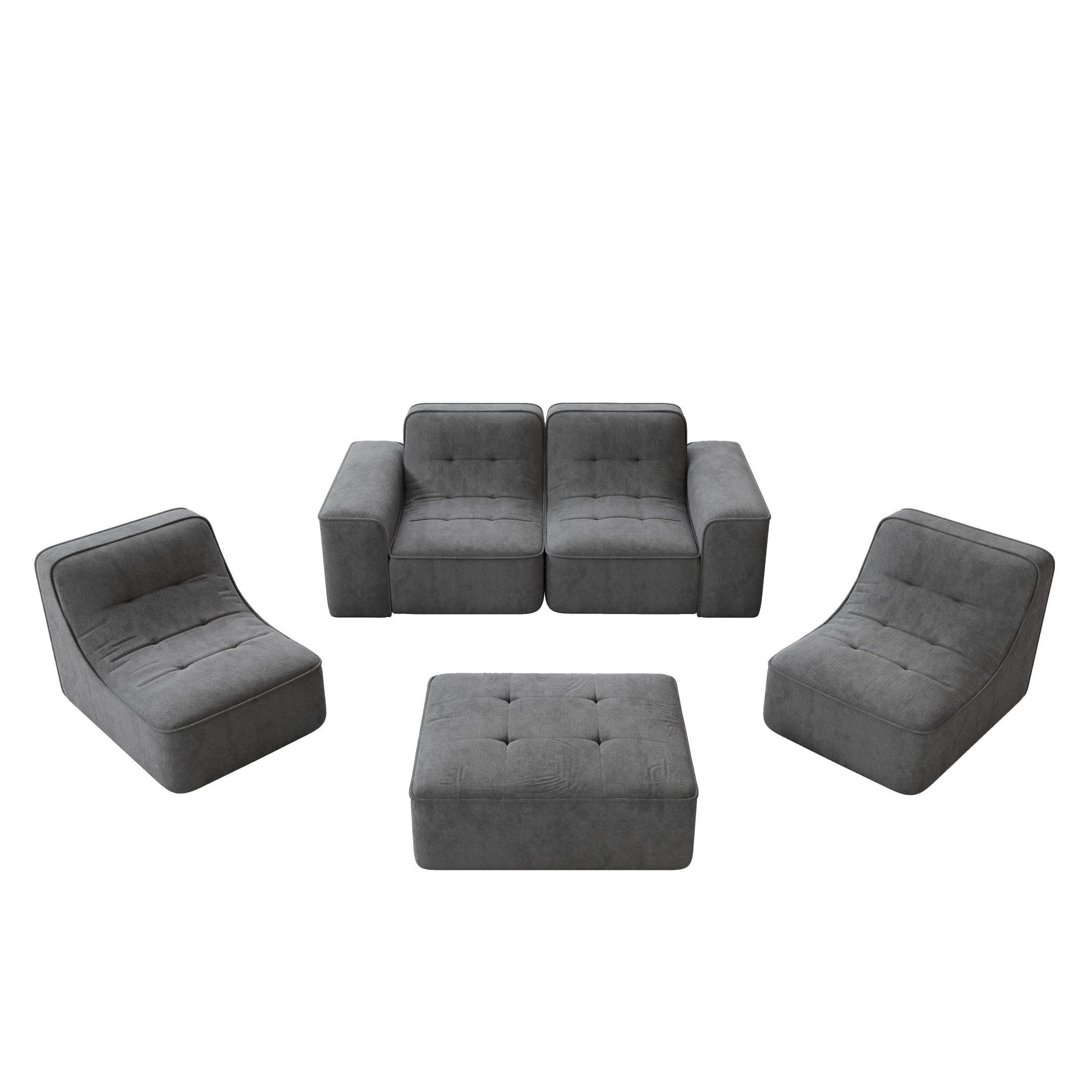 Noble House 144" Modular Sectional Sofa, Tufted Sparkling Chenille Deep Seat Couch with Ottoman, Accent Chair, Gray