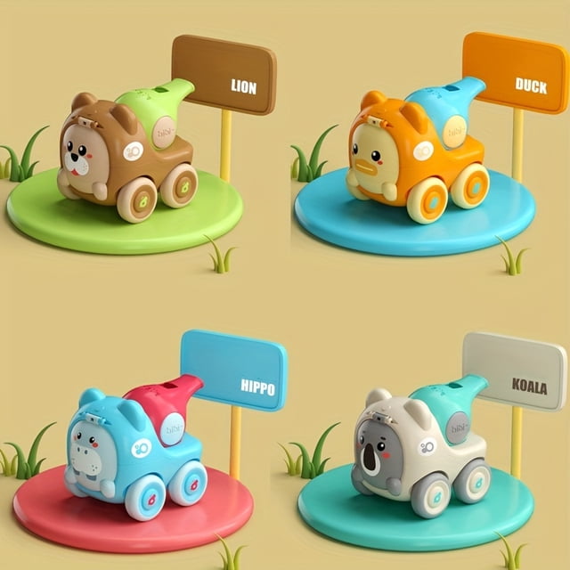 LNGOOR 4pcs Animal Cartoon Inertia Toy Cars with Whistle - Perfect Gift for Youngsters