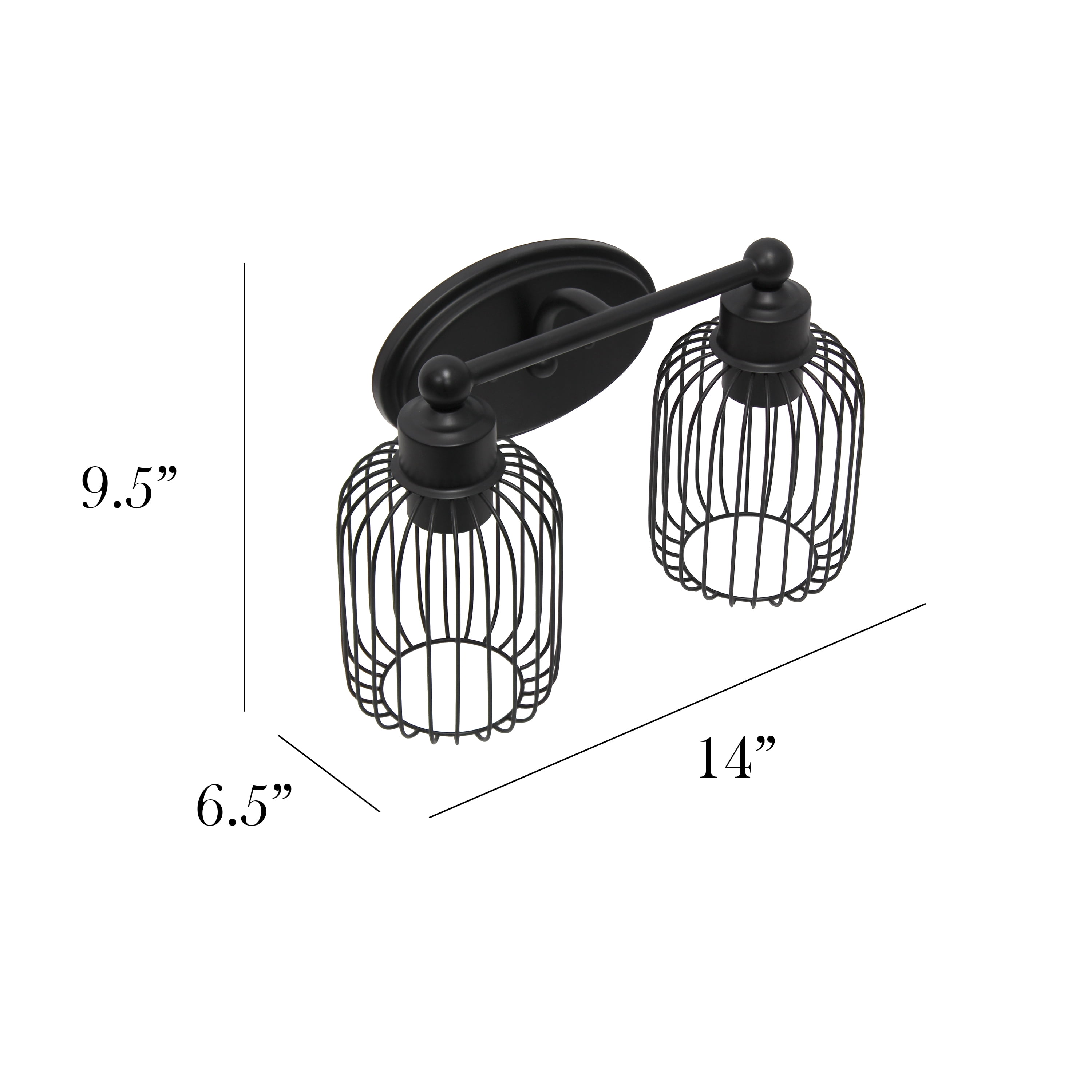 Elegant Designs 14" Industrial Farmhouse 2 Light Metal Birdcage Decorative Wall Mounted Vanity Fixture with Matching Metal Oval Backplate For Bathroom, Entryway, Hallway, Vanity, Black