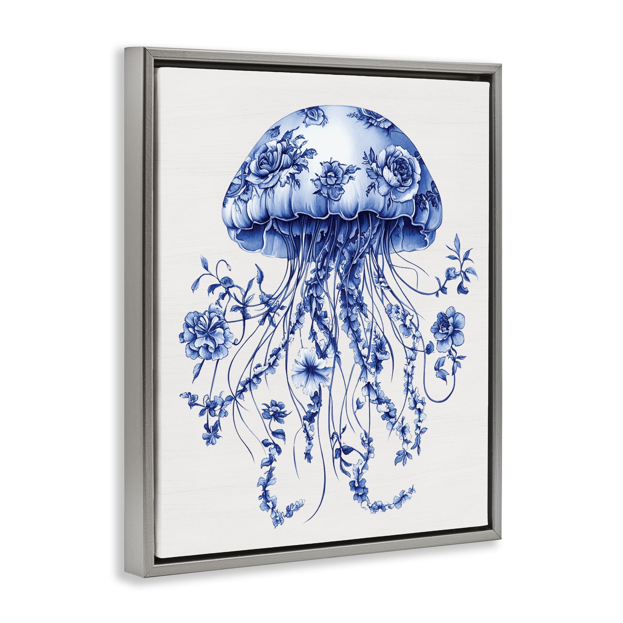 Funky Vintage Toile Jellyfish Gray Framed Floater Canvas Wall Art, design by Lettered and Lined