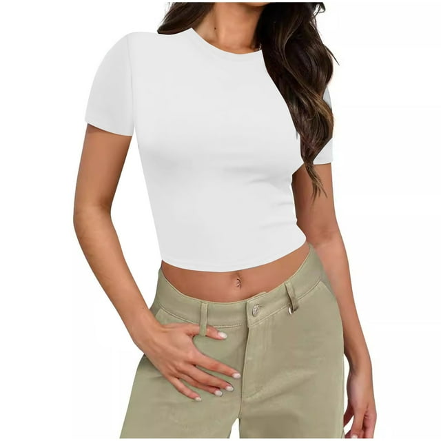 Timegard Crop Tops for Women Short Sleeve Crewneck Solid Color Comfy Basic Tee Casual Going out Tops