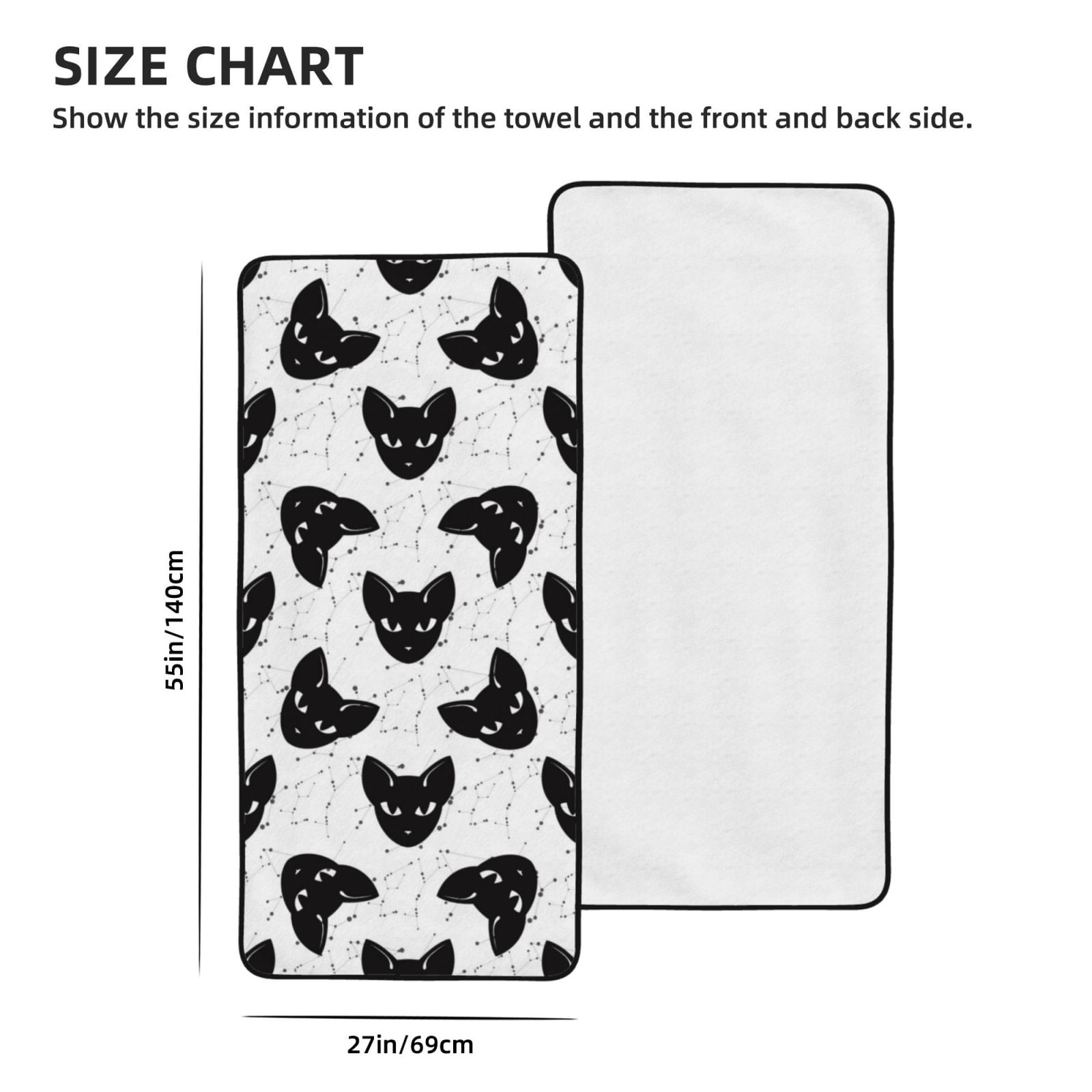 Cotton Bath Towels for Bathroom - Artistic Cat Face Black Microfiber Quick Dry Towels for Body Bath Sheets, Personalized Beach Towel, Soft Shower Towels for Travel Home Beach 27*55in