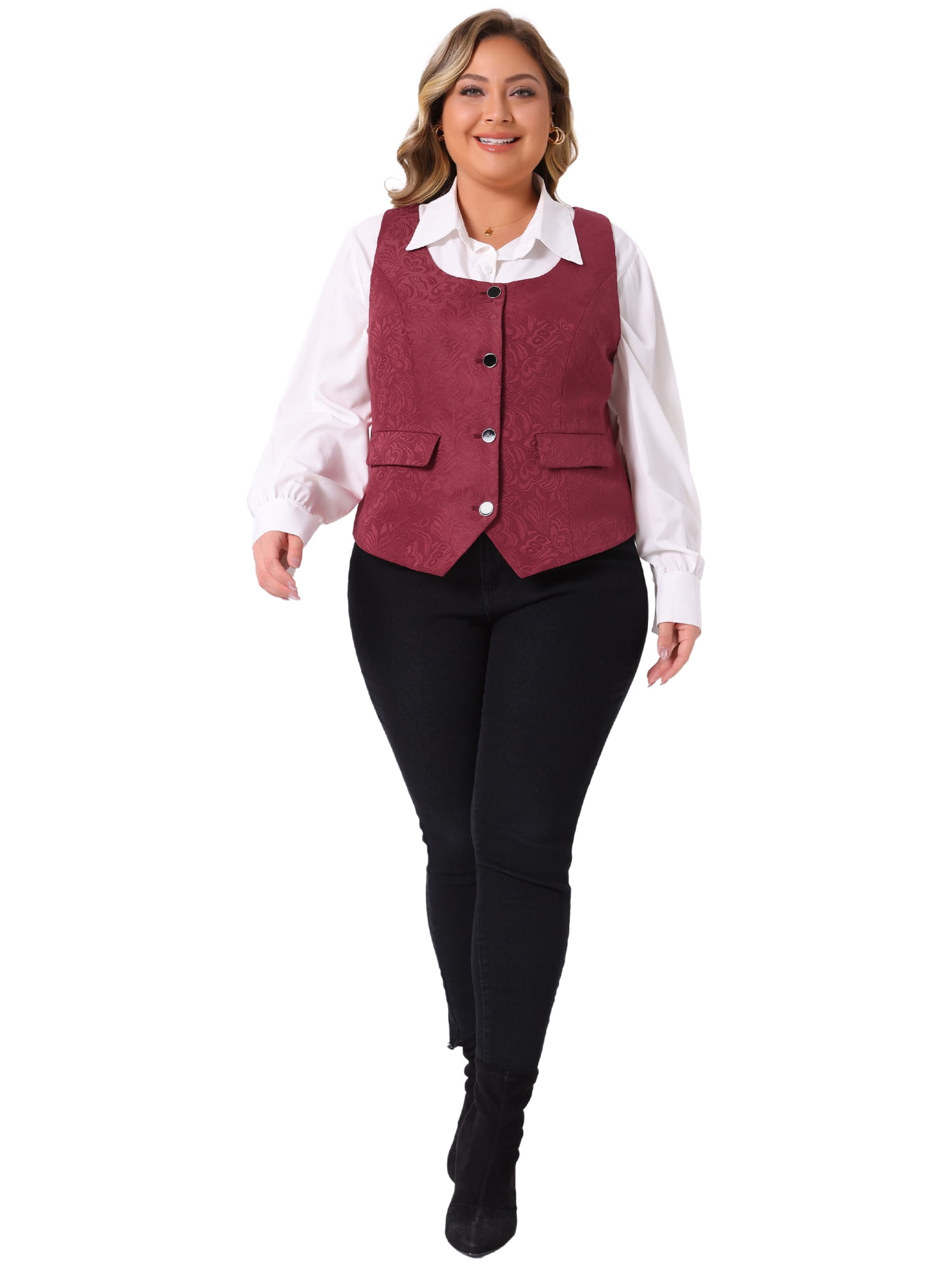 DARING DIVA Women's Plus Size Sleeveless Jacquard Vest 1X Burgundy
