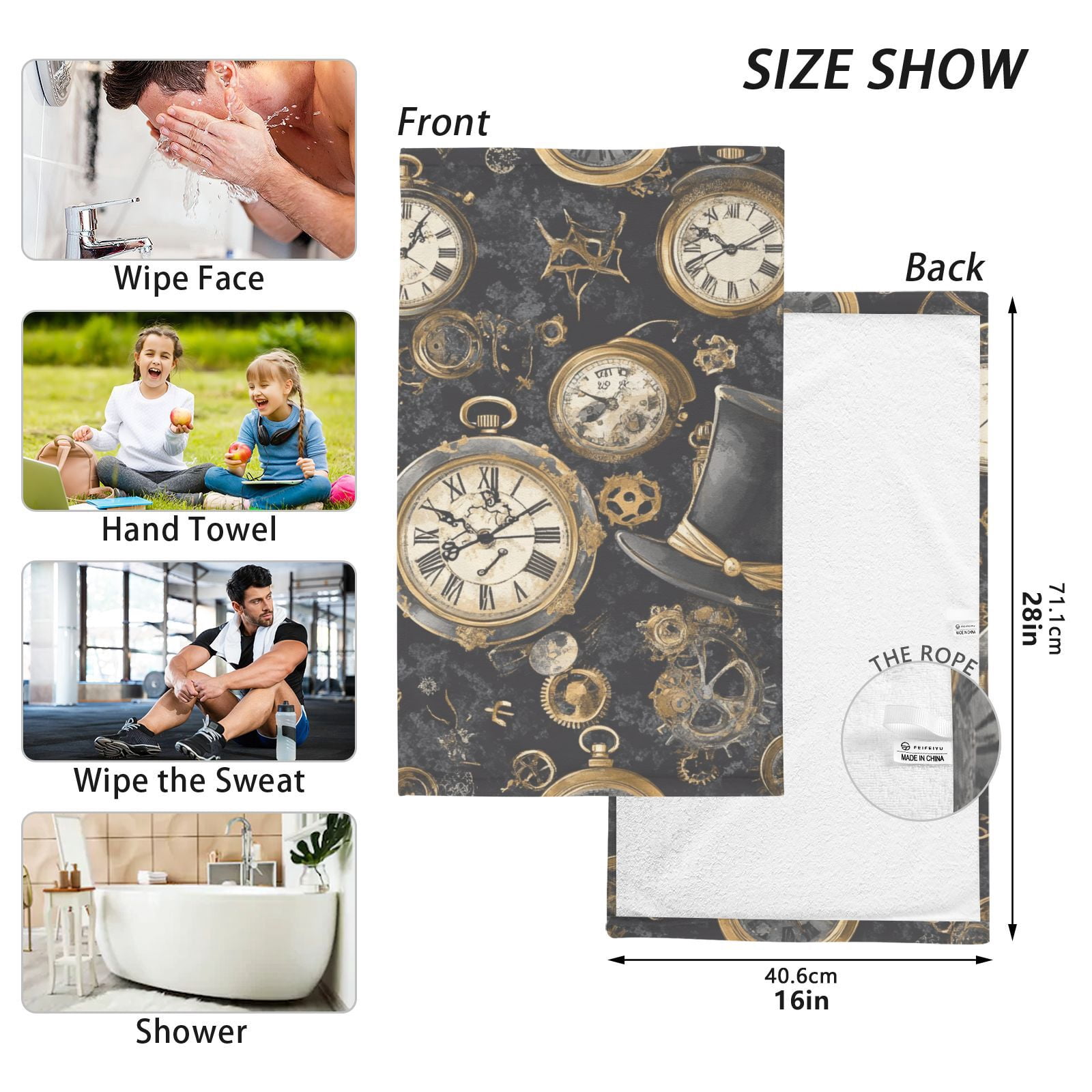 Gold Pocket Watches Hand Towels Cotton Bath Towels Large Face Towels Absorbent for Bathroom 2 Packs