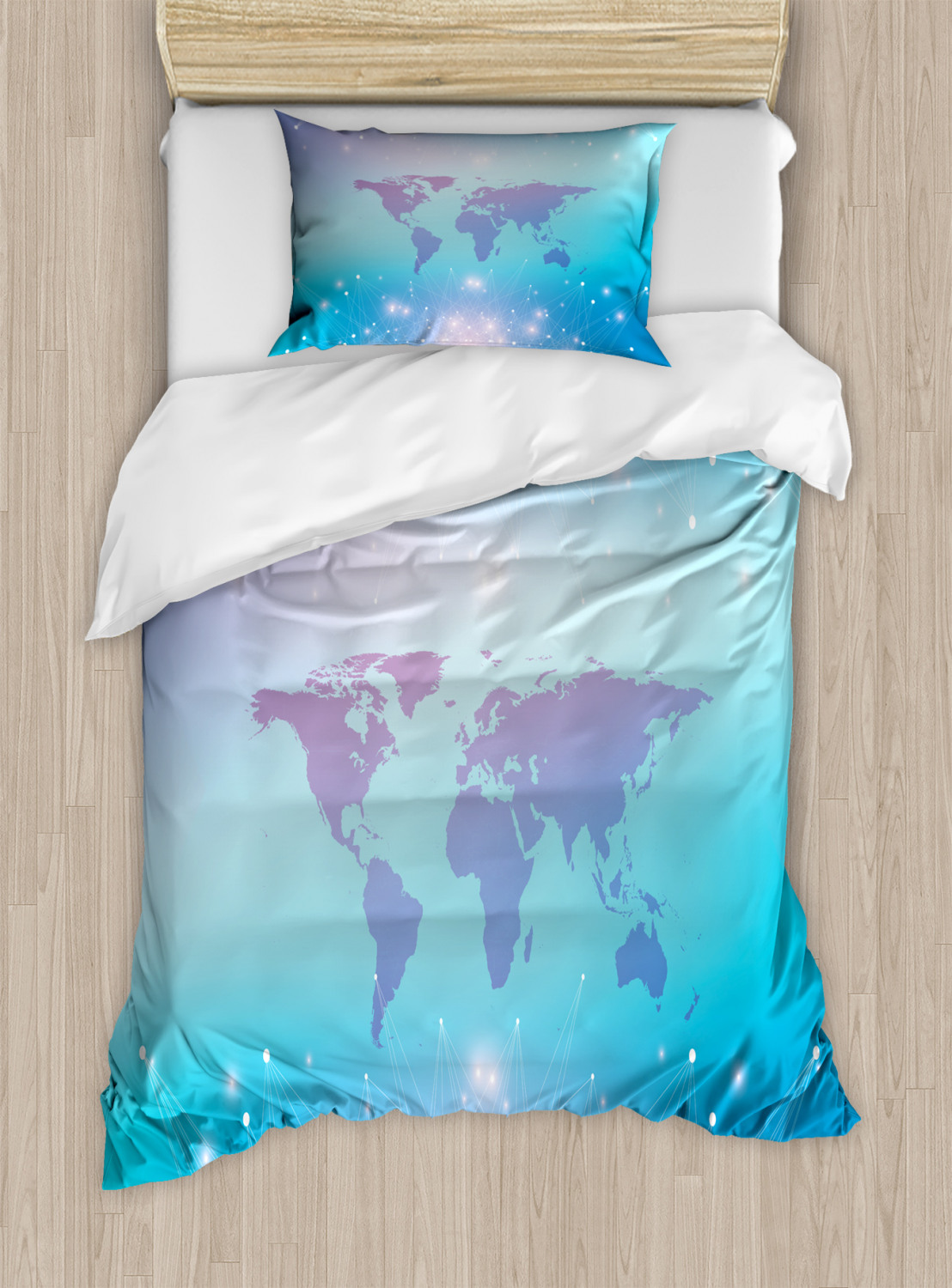 World Map Duvet Cover Set Twin Size, Bokeh Style Dots with Futuristic ...