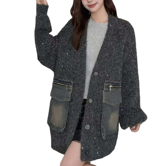 Women's Denim Pocket Cardigan Long Knit Sweater Jacket V-Neck Button Front Open Front Casual Stylish Coat for Daily Commute