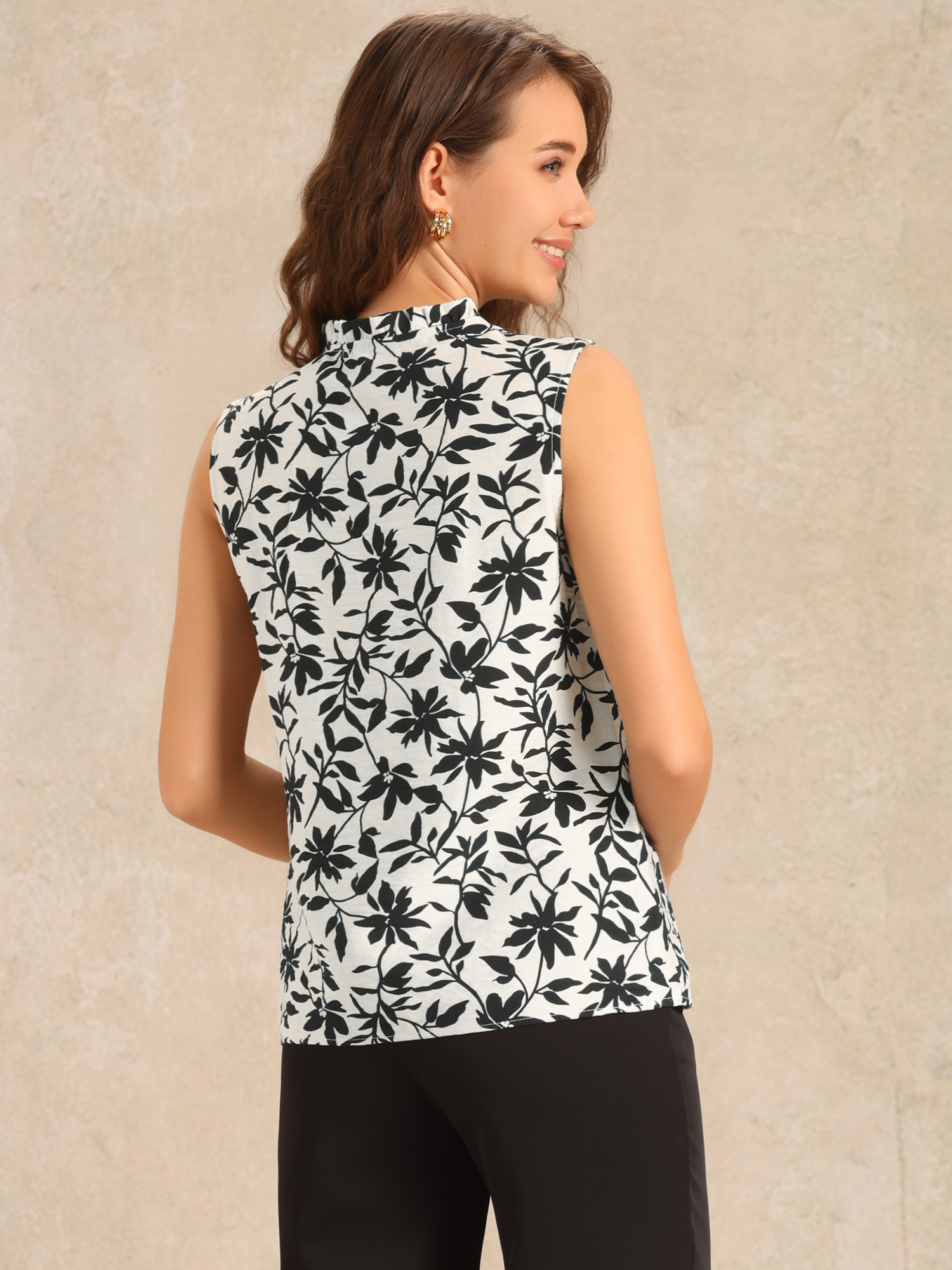 DARING DIVA Women's Sleeveless Ruffled Trim Tie Neck Floral Casual Office Tops XS White