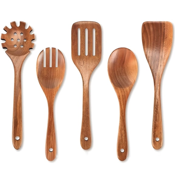 5 Pcs Teak Wood Kitchen Utensil Set, Long Handle Non-Stick Cooking Tools with Hanging Holes, Durable Natural Wood Spatula & Ladle, Essential for Everyday Cooking and Kitchen Storage