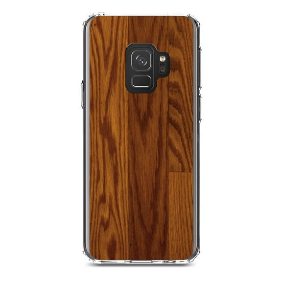 DistinctInk Clear Shockproof Hybrid Case for Samsung Galaxy S9 (5.8" Screen) - TPU Bumper, Acrylic Back, Tempered Glass Screen Protector - Dark Wood Floor Print - Printed Wood Grain Image