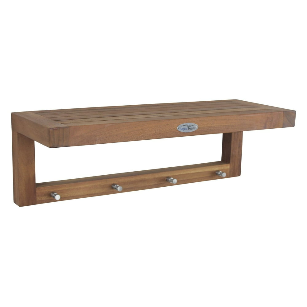 Aqua Teak Wall Shelf with Hooks 24 in. Wide