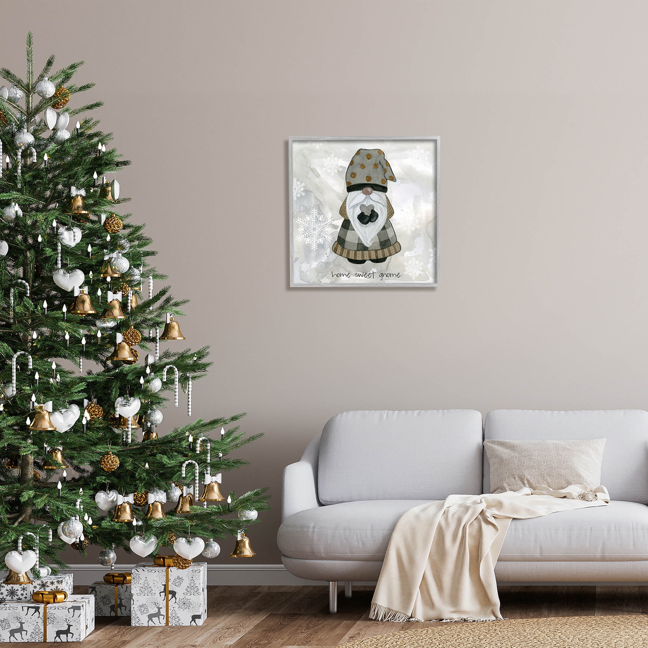 Stupell Industries Home Sweet Gnome Winter Snowflakes Graphic Art Gray Framed Art Print Wall Art, Design by Livi Finn