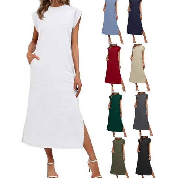 HAiming Women's Maxi Dresses Scoop Neck Solid Color Sleeveless Elegant Sundress Summer Vacation Dressy Casual Dress with Side Slit