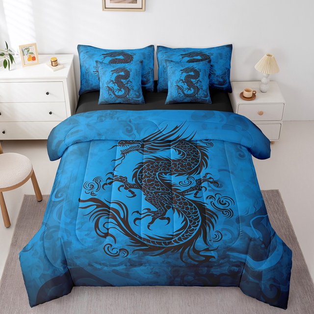 Erosebridal Ensemble de Literie Dragon Noir Grand Lit pour Garçons, Ensemble de Lit Faune, Bleu Noir, Réversible 7 Pcs