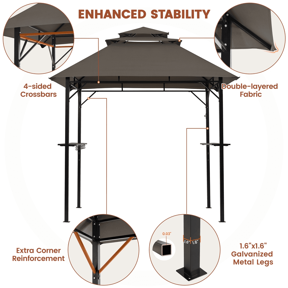 Alden Design 8*5 FT Grill BBQ Gazebo with Height-adjustable Shelves & 10 S-shaped Hooks for Outdoor, Brown