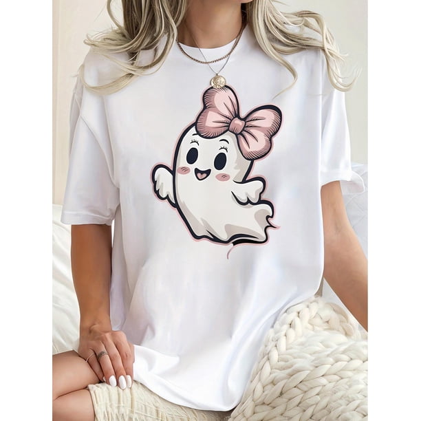 Women's Cute with Bow Graphic T-Shirt - Casual Round Neck, Short Sleeve, Comfortable Polyester Blend, Machine Washable Summer Top