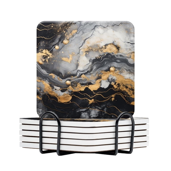 BaHomeck Drink Coasters Set Of 6 With Holder Black And White Marble With Gold Accents Water Absorbent Ceramic Coasters Tabletop Protection,Suitable For Various Cup,Home Decor