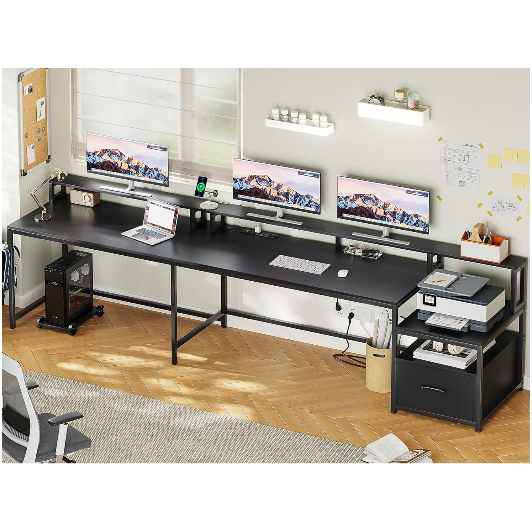 Reversible Computer Desk with Darwers & Monitor Stand, L-Shaped Office Desk with LED Lights & Power Strips, Black