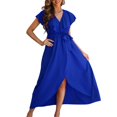 thumbnail image 1 of Vestido largo para mujer, cuello en V, cinturón, manga con volantes, envoltura lateral, vestido con dobladillo ancho de color puro para damas y niñas, azul M, 1 of 7
